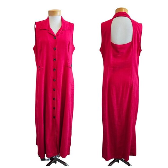 Erika Dresses Linen Blend Bold Red Open Back Button Down Shirtdress Midi Dress L - Picture 1 of 12
